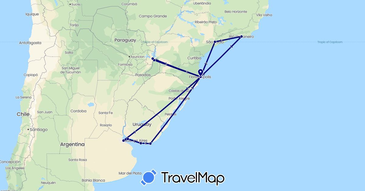 TravelMap itinerary: driving in Argentina, Brazil, Paraguay, Uruguay (South America)